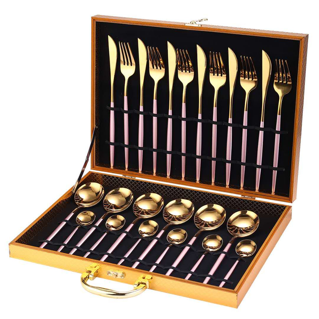 24pcs Gold Dinnerware Set Stainless Steel Tableware Set Knife Fork Spoon Luxury Cutlery Set Gift Box Flatware Dishwasher Safe - Quid Mart