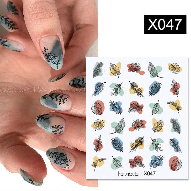 Harunouta Abstract Line Leopard Print Nail Water Sticker Decals Flower Leaves Marble Slider Decoration For Autumn Nail Design