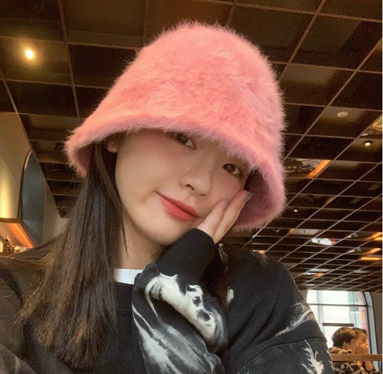 2020 Hat winter women's fashion Solid color rabbit fur hat bucket cap  fisherman's hat retro knitted wool basin Bucket Hat - Quid Mart