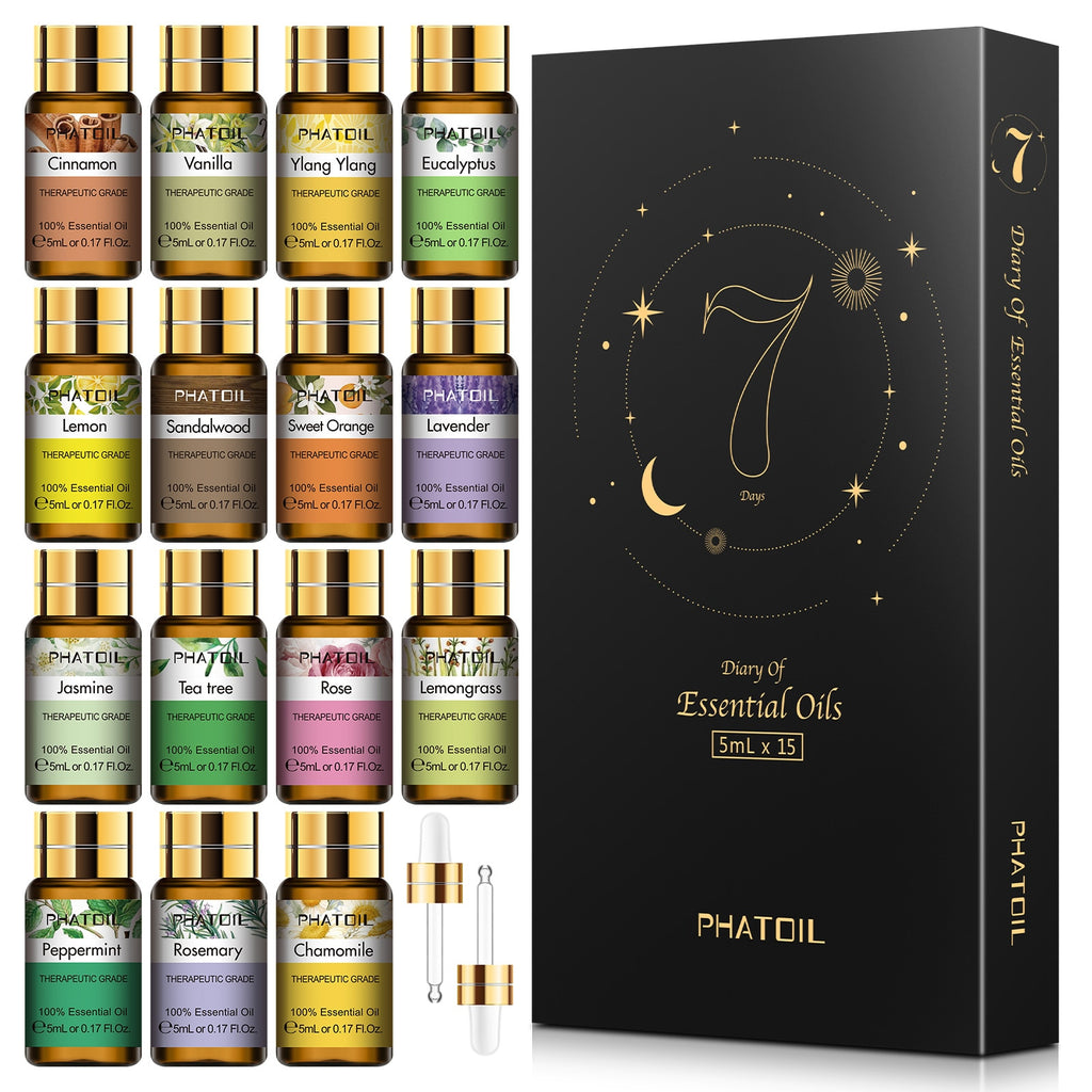 Pure Essential Oils 15pcs Gift Set Natural Plant Aroma Essential Oil Diffuser Eucalyptus Vanilla Mint Lavender Rose Tea Tree Oil - Quid Mart