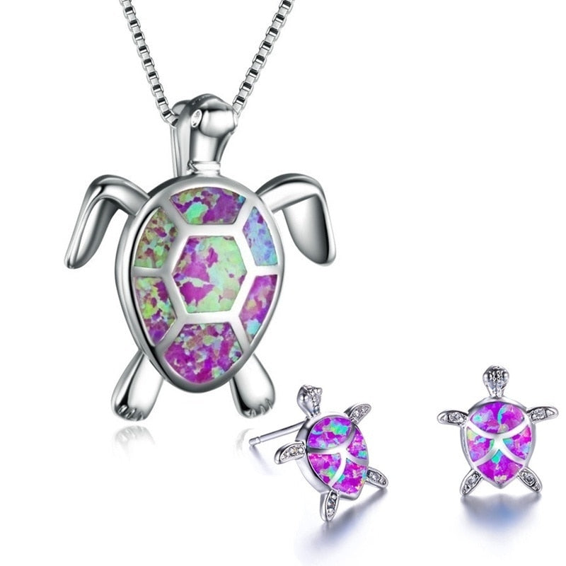 Classic Cute Sea Turtle Necklace Earrings jewelry set Trendy Animal Fire Opal Stud Earring for girl women best gift - Quid Mart