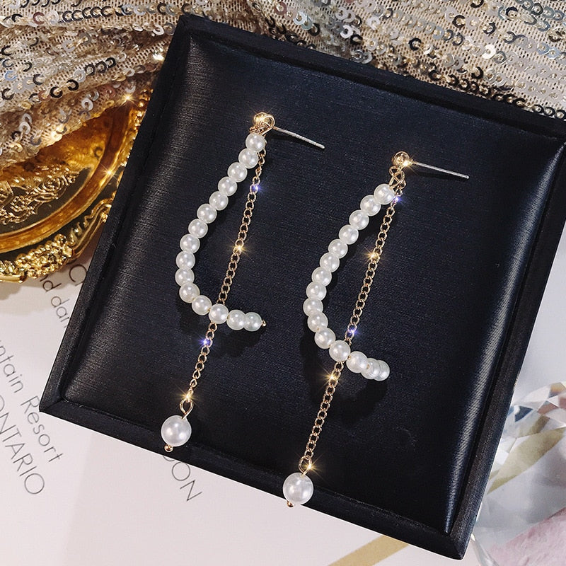 2022 Korean Earings Crystal Pearl Tassel Earrings Geometric Pendant Bride Wedding Jewelry Gift Earrings For Women - Quid Mart