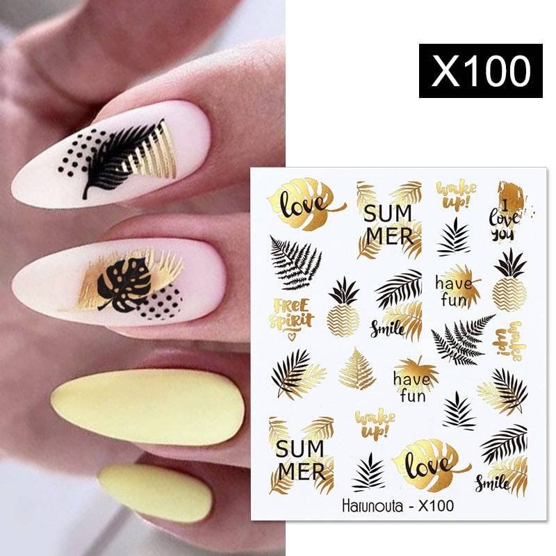 Harunouta Abstract Line Leopard Print Nail Water Sticker Decals Flower Leaves Marble Slider Decoration For Autumn Nail Design