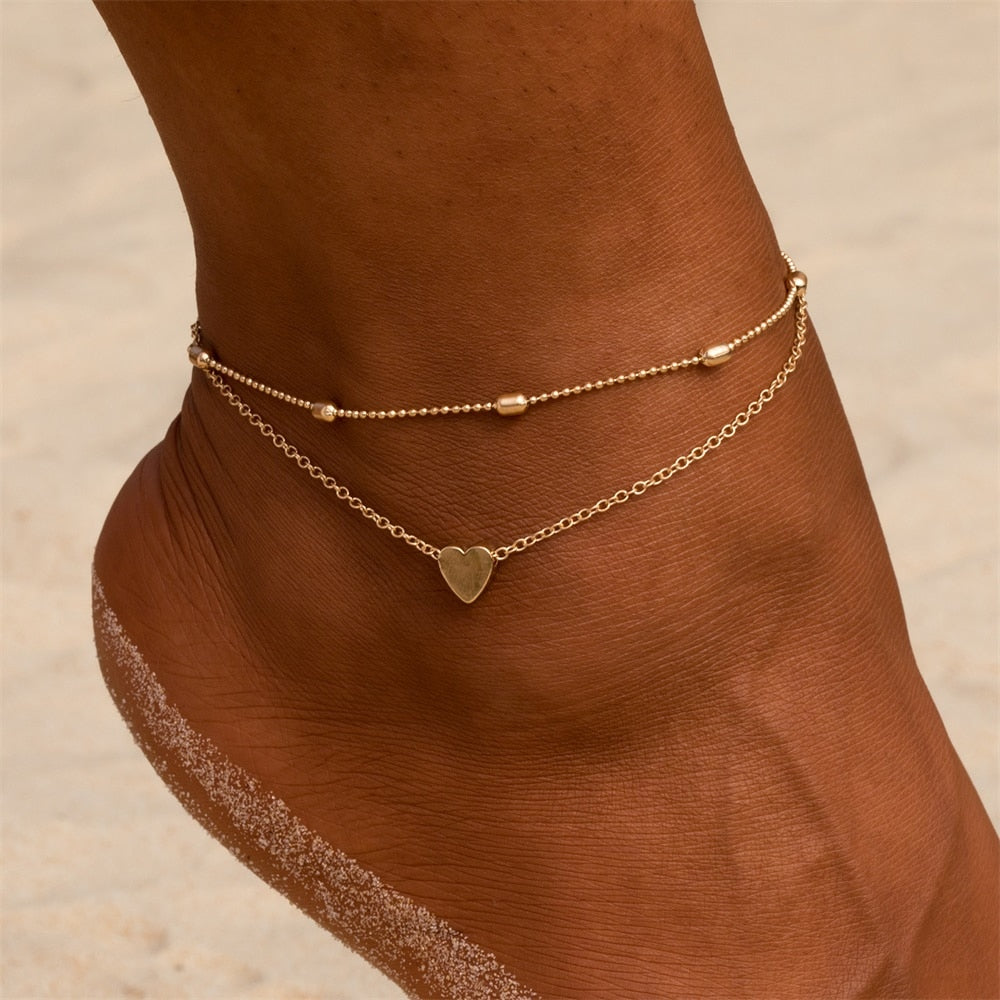 IPARAM Women&#39;s Anklet Bohemian Layered Heart Anklet 2021 Summer Beach Anklets On Foot Ankle Bracelets For Women Leg Chain - Quid Mart