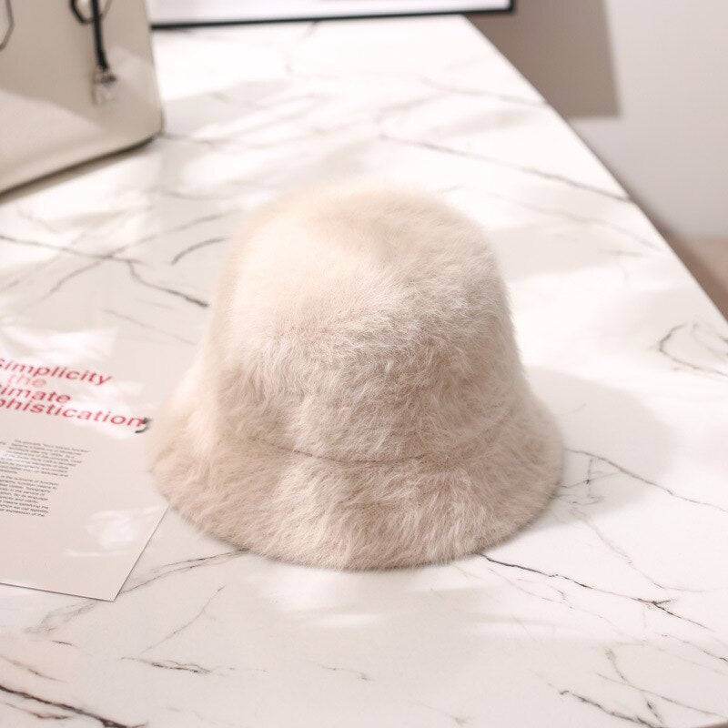 2020 Hat winter women's fashion Solid color rabbit fur hat bucket cap  fisherman's hat retro knitted wool basin Bucket Hat - Quid Mart