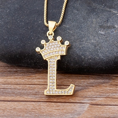 Nidin New Luxury Copper Zircon A-Z Crown Alphabet Pendant Chain Necklace Hip-Hop Style Fashion Woman Man Initial Name Jewelry - Quid Mart