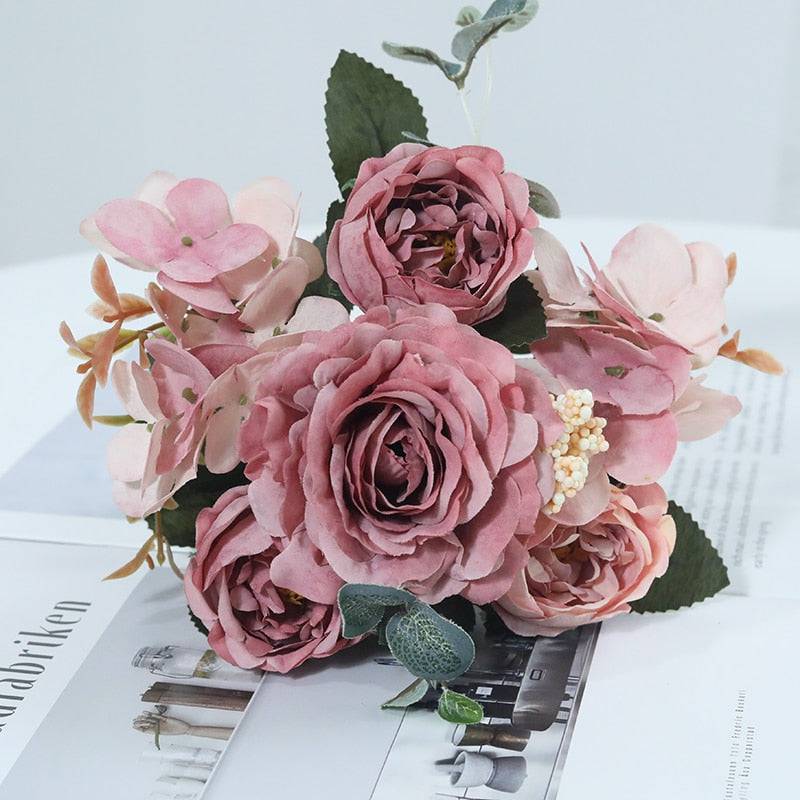 Beautiful Hydrangea Roses Artificial Flowers for Home Wedding Decorations High Quality Autumn Bouquet Mousse Peony Fake Flower - Quid Mart