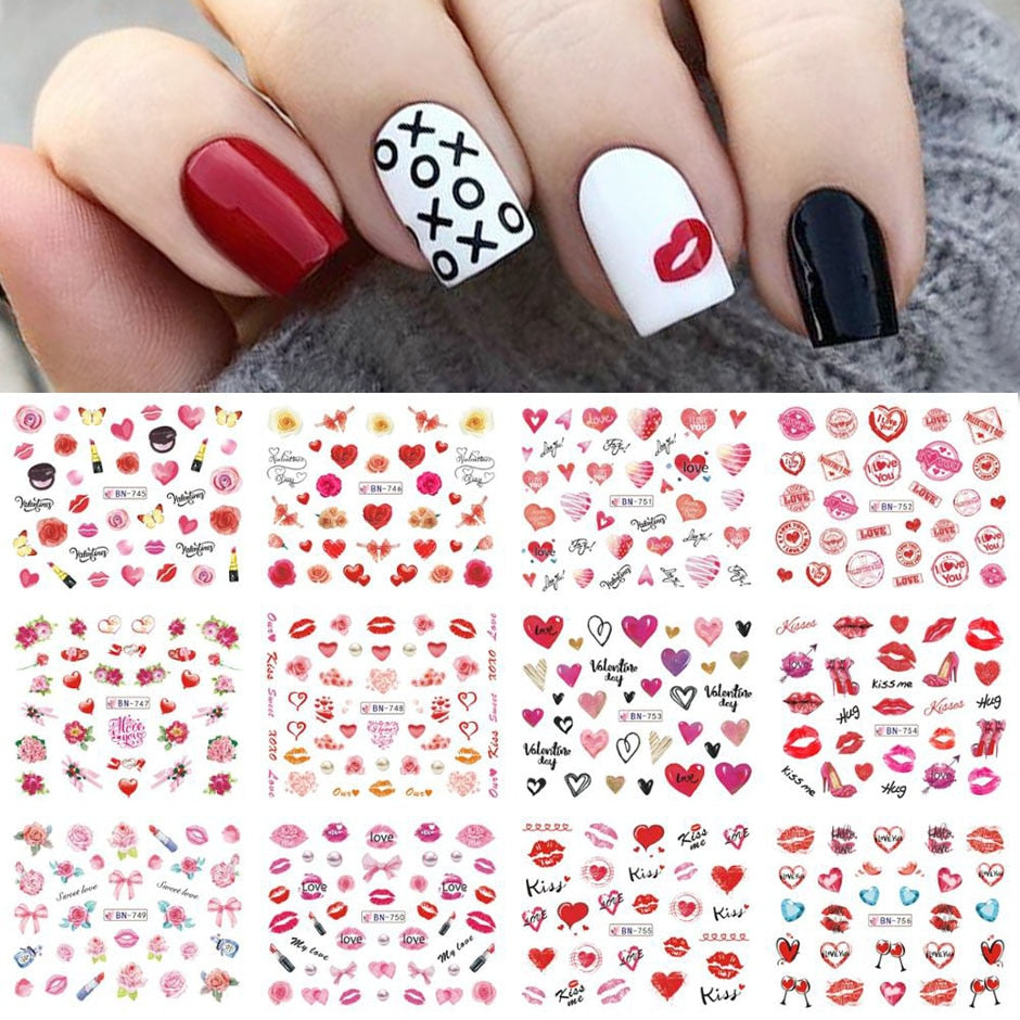 12pcs Valentines Manicure Love Letter Flower Sliders for Nails Inscriptions Nail Art Decoration Water Sticker Tips GLBN1489-1500 - Quid Mart