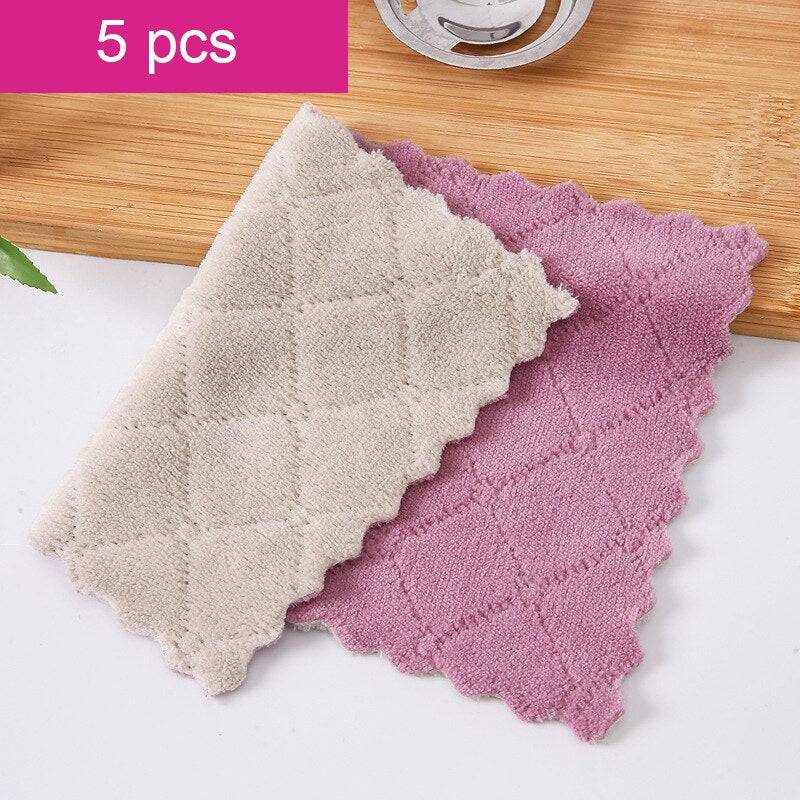 5pcs Double-layer Absorbent Microfiber Kitchen Dish Cloth Non-stick Oil Household Cleaning Cloth Wiping Towel Home Kichen Tool - Quid Mart