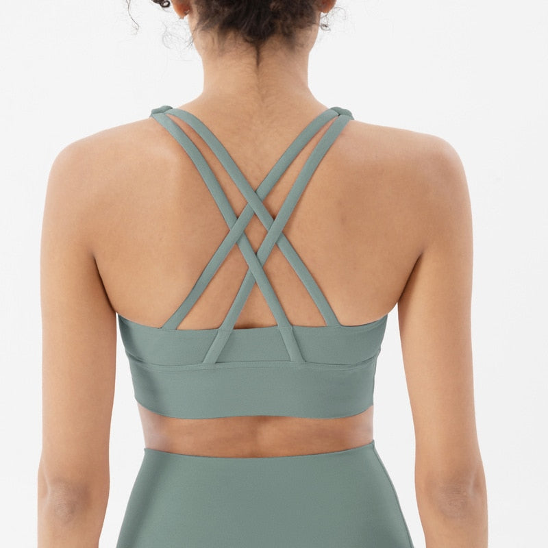 Nude Cross Back Yoga Bra: Supportive Gym Crop Top for Women - Quid Mart