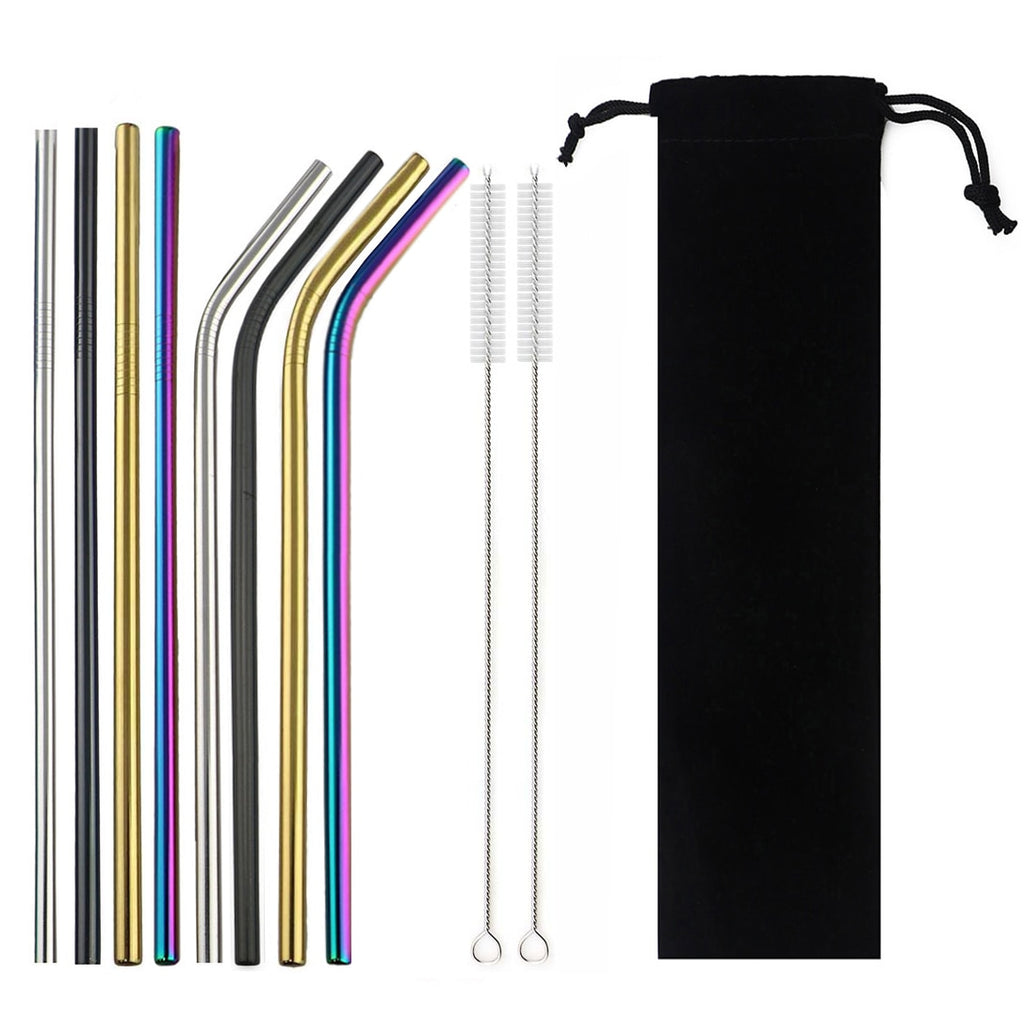 Metal Drinking Straw 304 Stainless Steel Colorful Straws Reusable Bent Straight Straw Set With Cleaner Brush Bar Party Accessory - Quid Mart