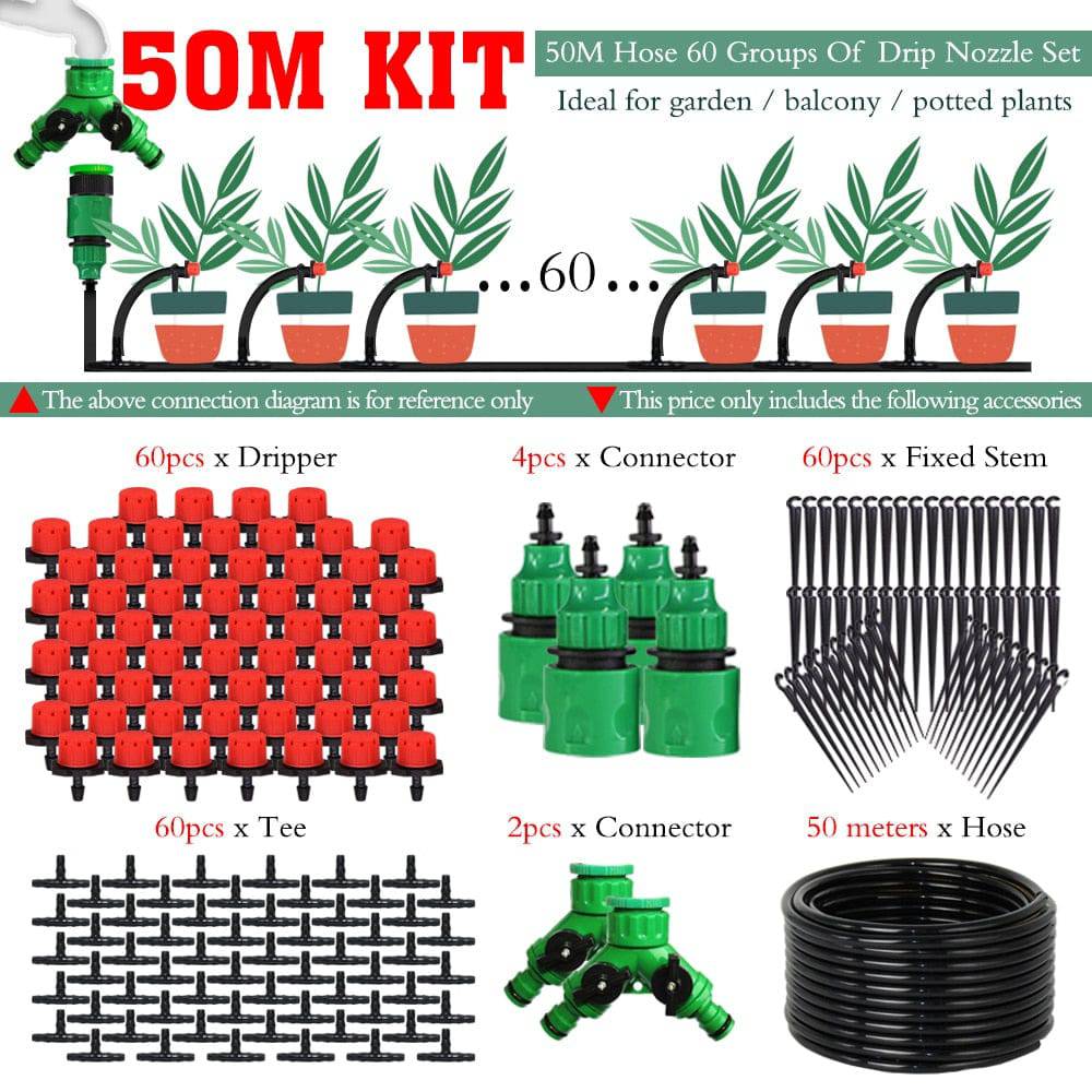 MUCIAKIE 50M-5M DIY Drip Irrigation System Automatic Watering Garden Hose Micro Drip Watering Kits with Adjustable Drippers - Quid Mart