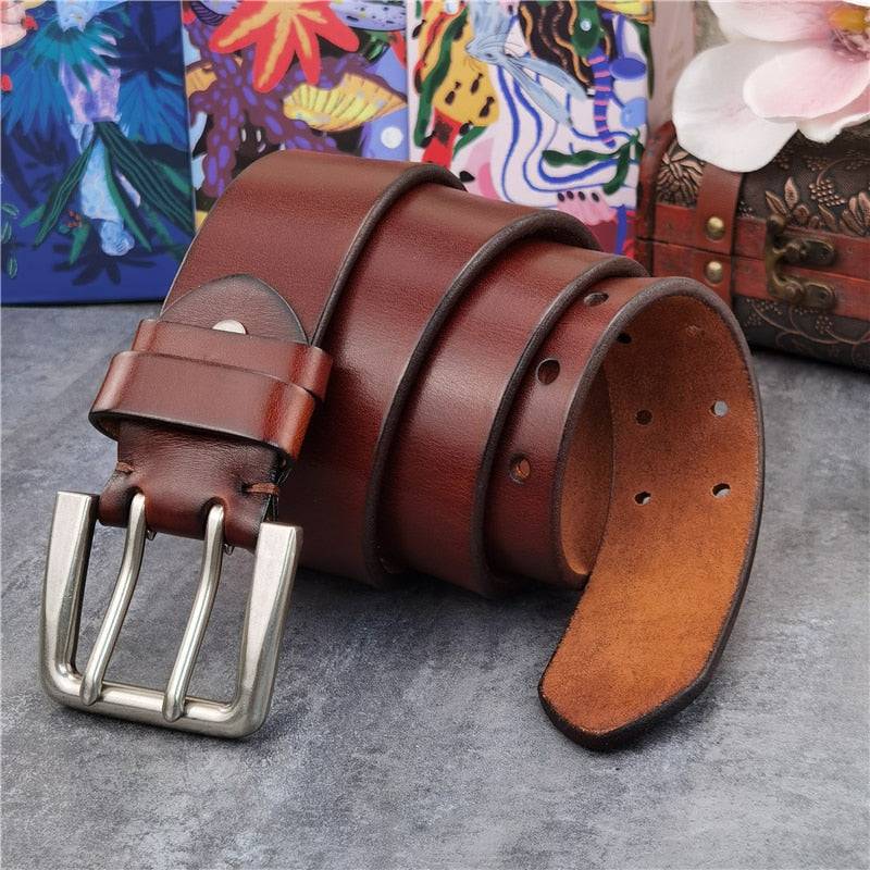 Super Wide 4.2cm Luxury Thick Genuine Leather Men's Belt with Double Buckle - Quid Mart
