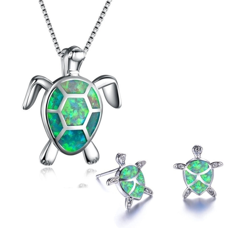 Classic Cute Sea Turtle Necklace Earrings jewelry set Trendy Animal Fire Opal Stud Earring for girl women best gift - Quid Mart