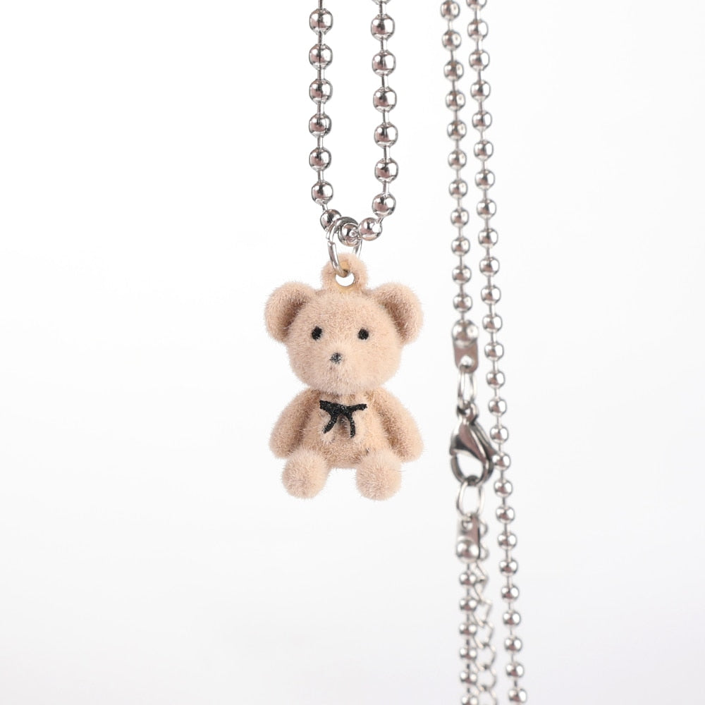 Cute Plush Bear Pendant Necklace for Girls Women Korean Fashion Bear Long Sweater Neck Chain Necklaces Cute Collar Jewelry - Quid Mart