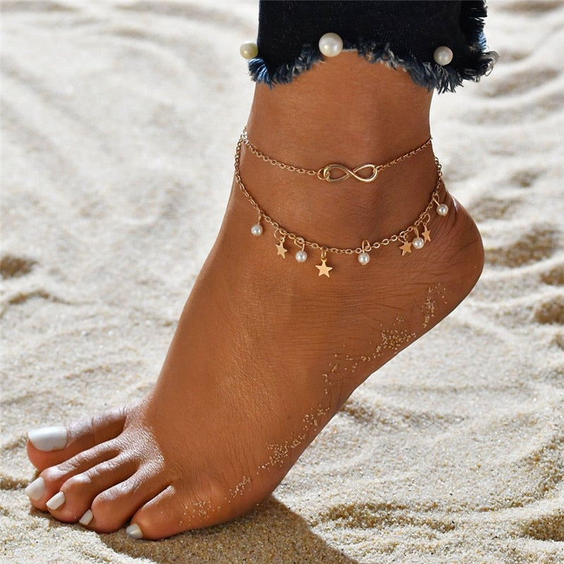 LETAPI 3pcs/set Gold Chain Anklets Women Beach Foot Jewelry - Quid Mart