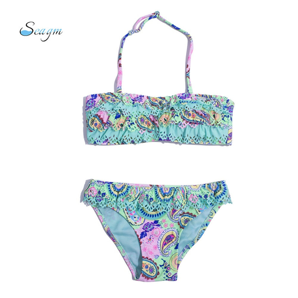 Children Girls Bikini Set 2023 Falbala Two-Pieces Swimming Suit Summer Halter Kids Girl Swimwear Swimsuit Bandage Bathing Suit - Quid Mart
