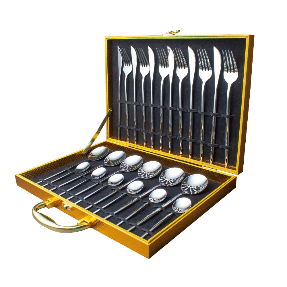 24pcs Gold Dinnerware Set Stainless Steel Tableware Set Knife Fork Spoon Luxury Cutlery Set Gift Box Flatware Dishwasher Safe - Quid Mart