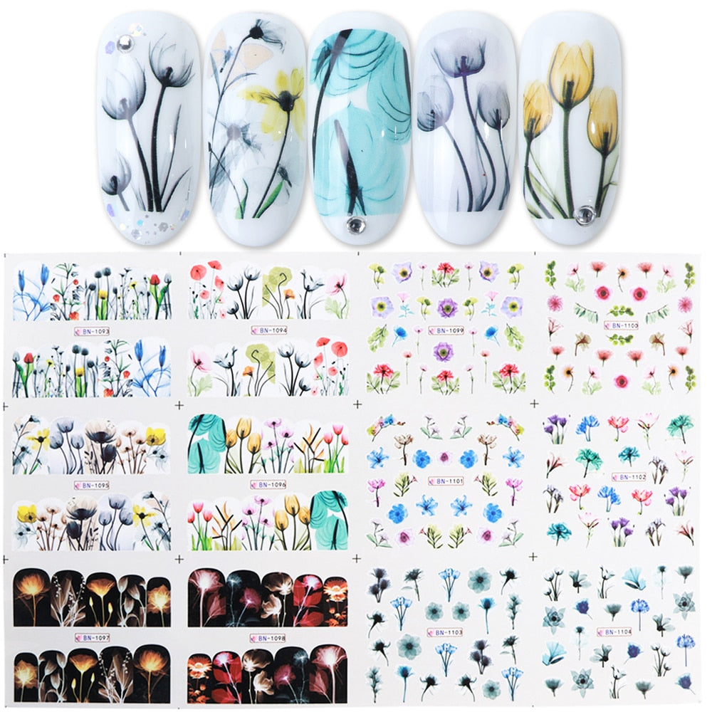 12pcs Valentines Manicure Love Letter Flower Sliders for Nails Inscriptions Nail Art Decoration Water Sticker Tips GLBN1489-1500 - Quid Mart