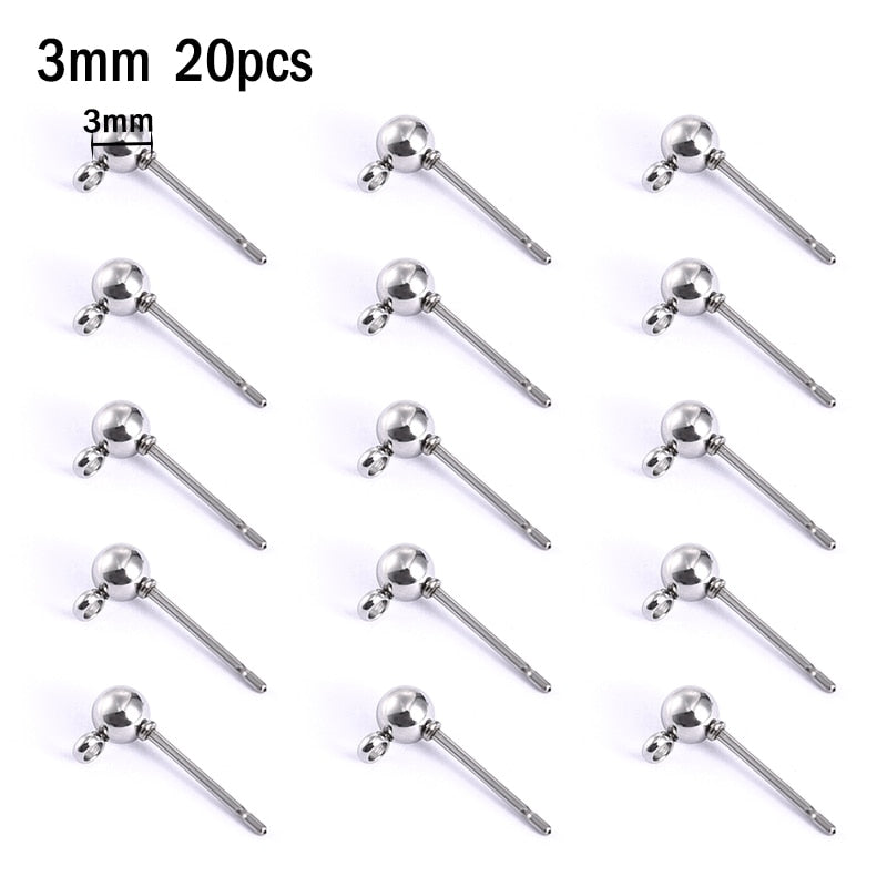 20pcs Stainless Steel Dia 4/5/6/8/10mm Stud Earrings Back Plug Ear Pins Ball Needles for DIY Jewelry Making Findings - Quid Mart