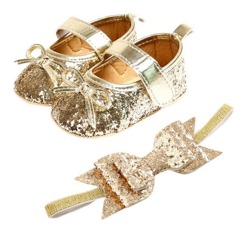 Sequins Baby Shoes: Leather Toddler First Walkers and Headband - Quid Mart