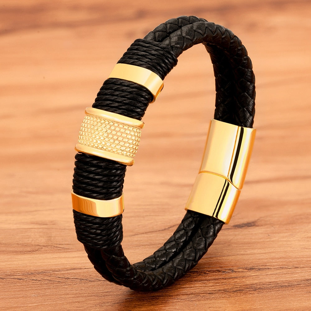 XQNI Woven Leather Rope Wrap Special Style Classic Stainless Steel Men&#39;s Leather Bracelet Double-layer Design DIY Customization - Quid Mart