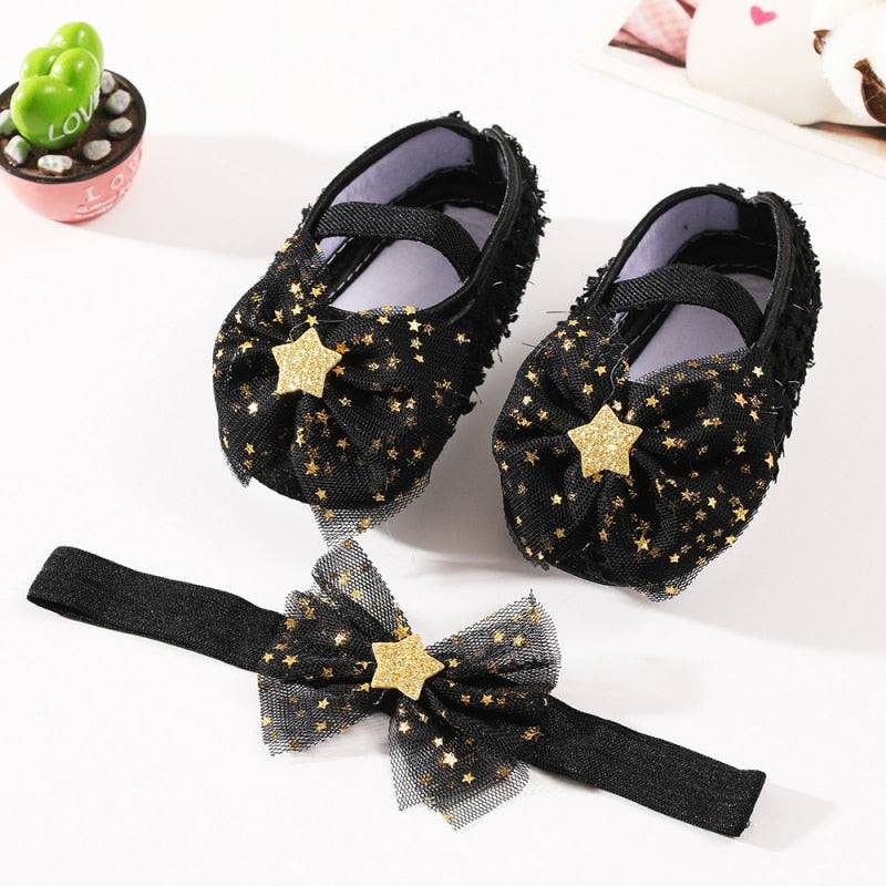 Sequins Baby Shoes: Leather Toddler First Walkers and Headband - Quid Mart