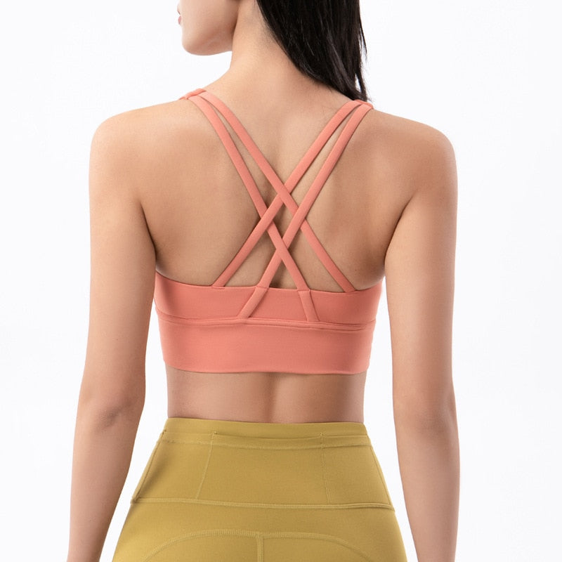 Nude Cross Back Yoga Bra: Supportive Gym Crop Top for Women - Quid Mart