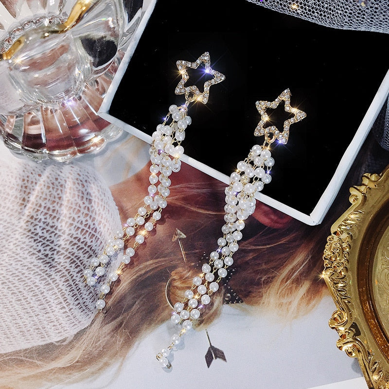 2022 Korean Earings Crystal Pearl Tassel Earrings Geometric Pendant Bride Wedding Jewelry Gift Earrings For Women - Quid Mart