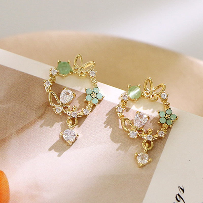 New Korea Sweet Cute Flower Crystal Temperament Geometric Shiny Zircon Earrings Statement Earrings for Women Girl Pendientes - Quid Mart