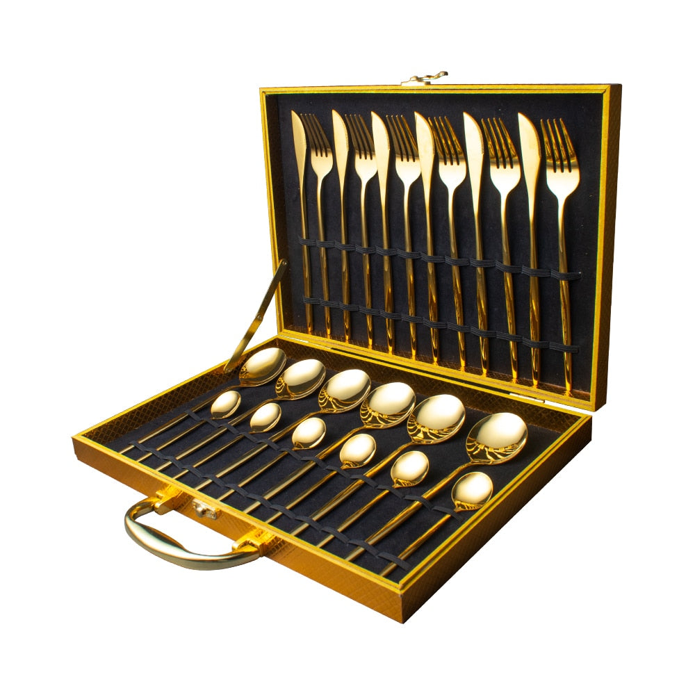 24pcs Gold Dinnerware Set Stainless Steel Tableware Set Knife Fork Spoon Luxury Cutlery Set Gift Box Flatware Dishwasher Safe - Quid Mart