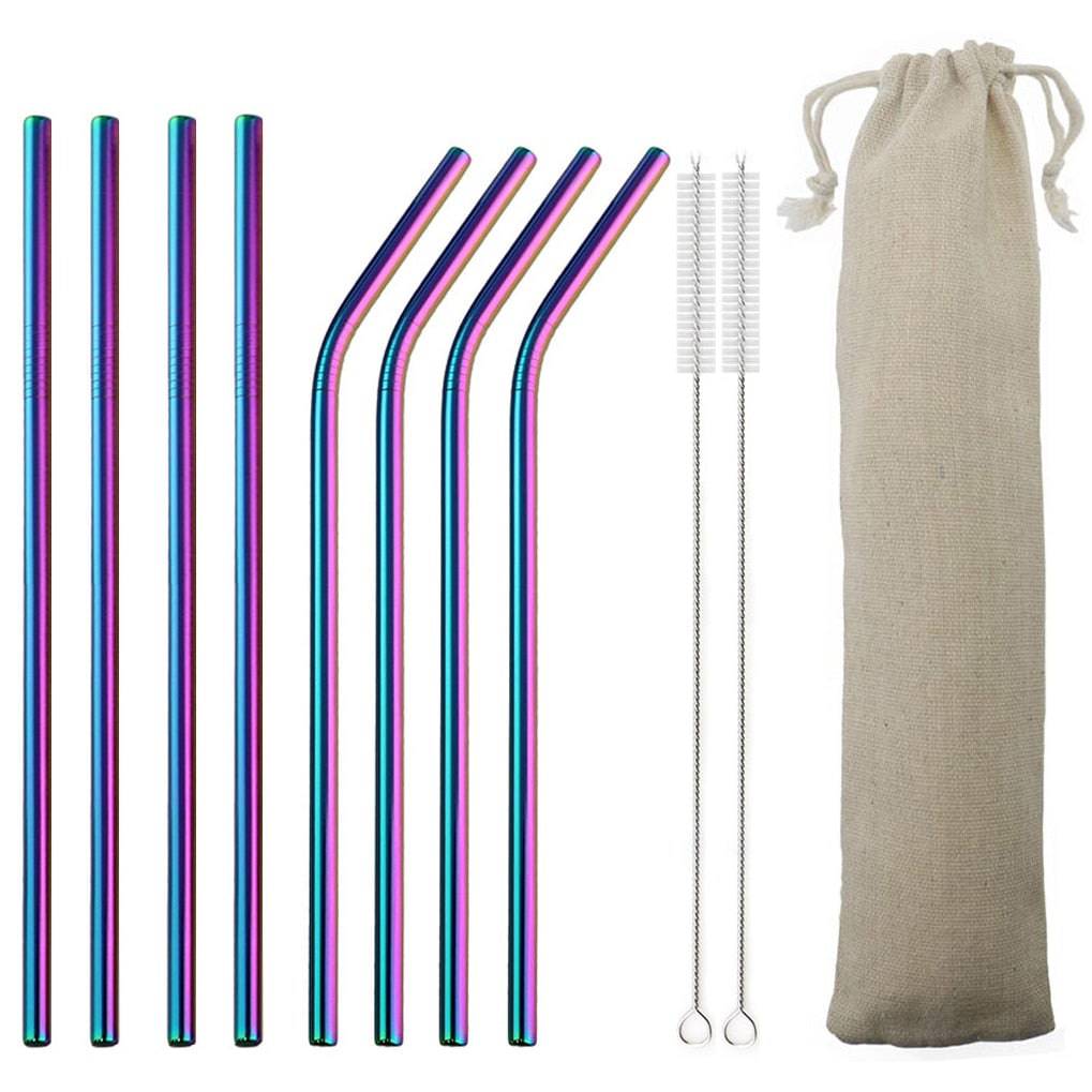 Metal Drinking Straw 304 Stainless Steel Colorful Straws Reusable Bent Straight Straw Set With Cleaner Brush Bar Party Accessory - Quid Mart