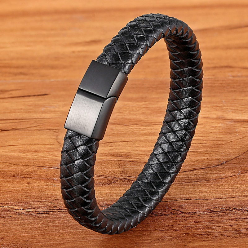 TYO Fashion Stainless Steel Charm Magnetic Black Men Bracelet Leather Genuine Braided Punk Rock Bangles Jewelry Accessories - Quid Mart