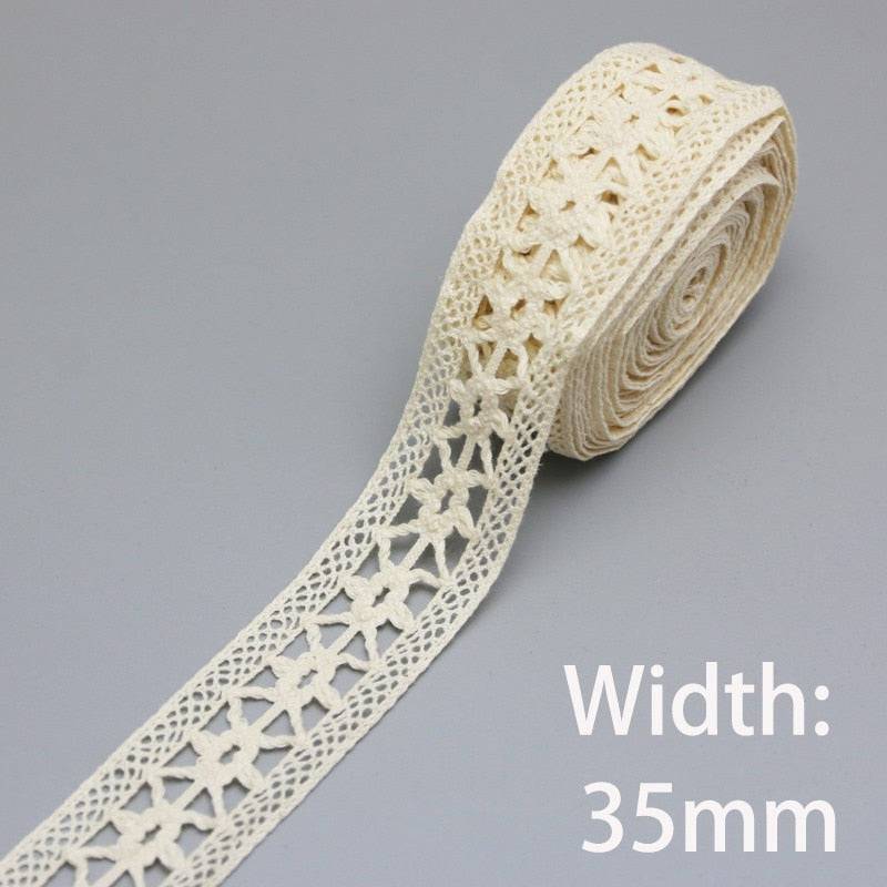 White & Beige Embroidered Cotton Lace Net Ribbon - 5 Meters per Roll - Fabric Trim for DIY Sewing and Handmade Crafts - Quid Mart