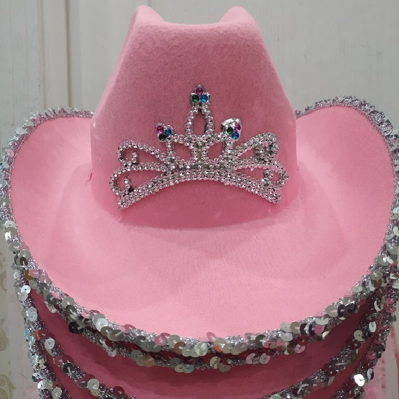 Women Wide Brim Fedora Women Girl Tiara Western Pink Cowboy Hat for Party - Quid Mart