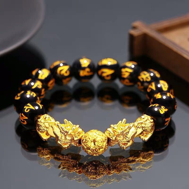 Feng Shui Men&#39;s Lucky Prayer Beads Bracelet for Men Women Wristband Gold Color Pixiu Wealth and Good Luck Changing Bracelets - Quid Mart