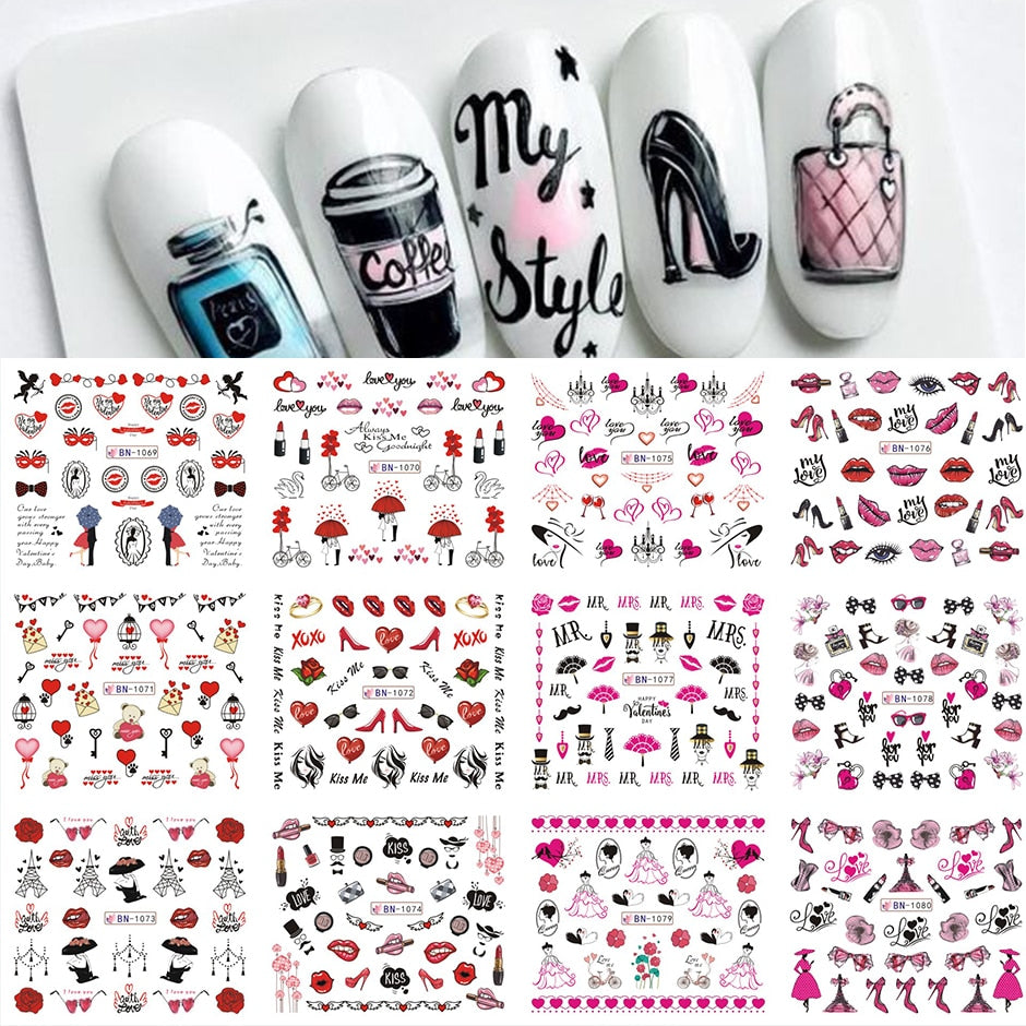 12pcs Valentines Manicure Love Letter Flower Sliders for Nails Inscriptions Nail Art Decoration Water Sticker Tips GLBN1489-1500 - Quid Mart