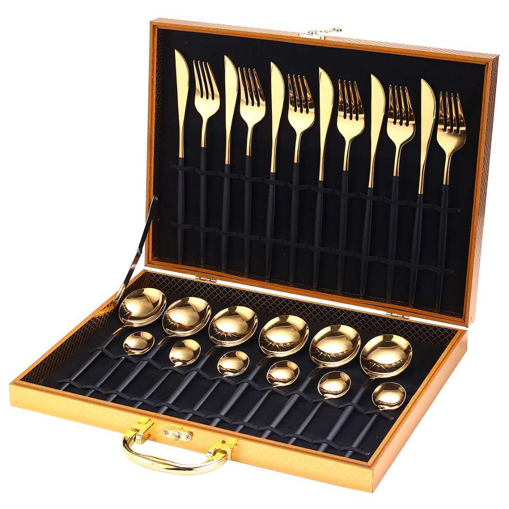 24pcs Gold Dinnerware Set Stainless Steel Tableware Set Knife Fork Spoon Luxury Cutlery Set Gift Box Flatware Dishwasher Safe - Quid Mart