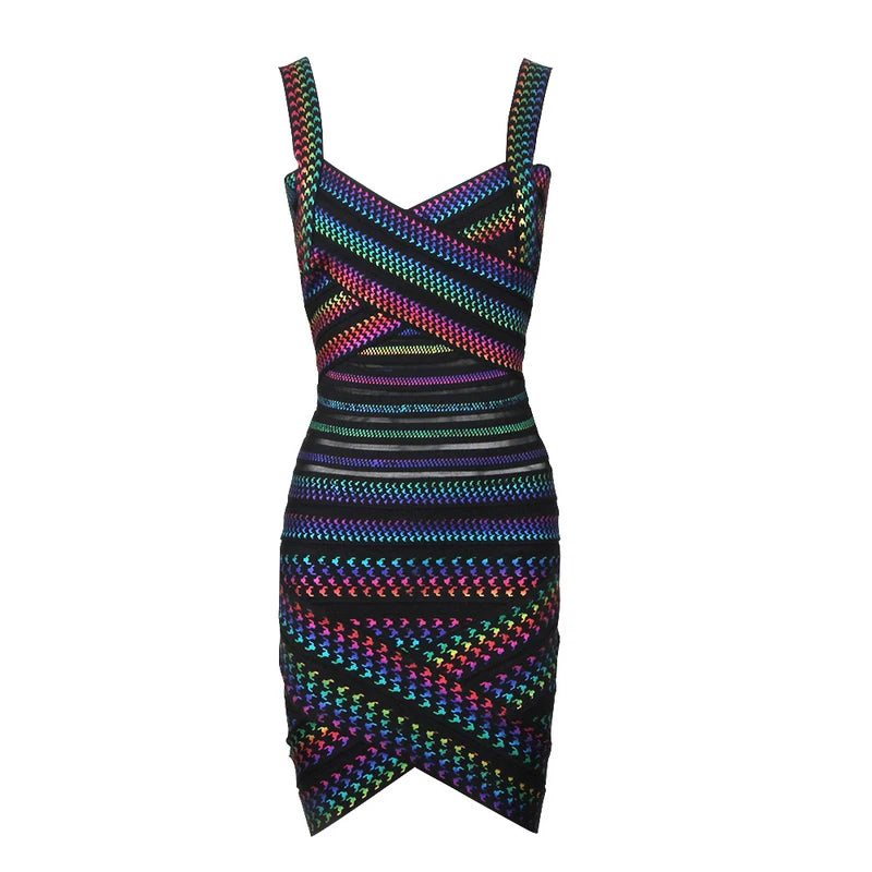 High Quality Celebrity Colorful Striped Foiling Print Rayon Bandage Dress