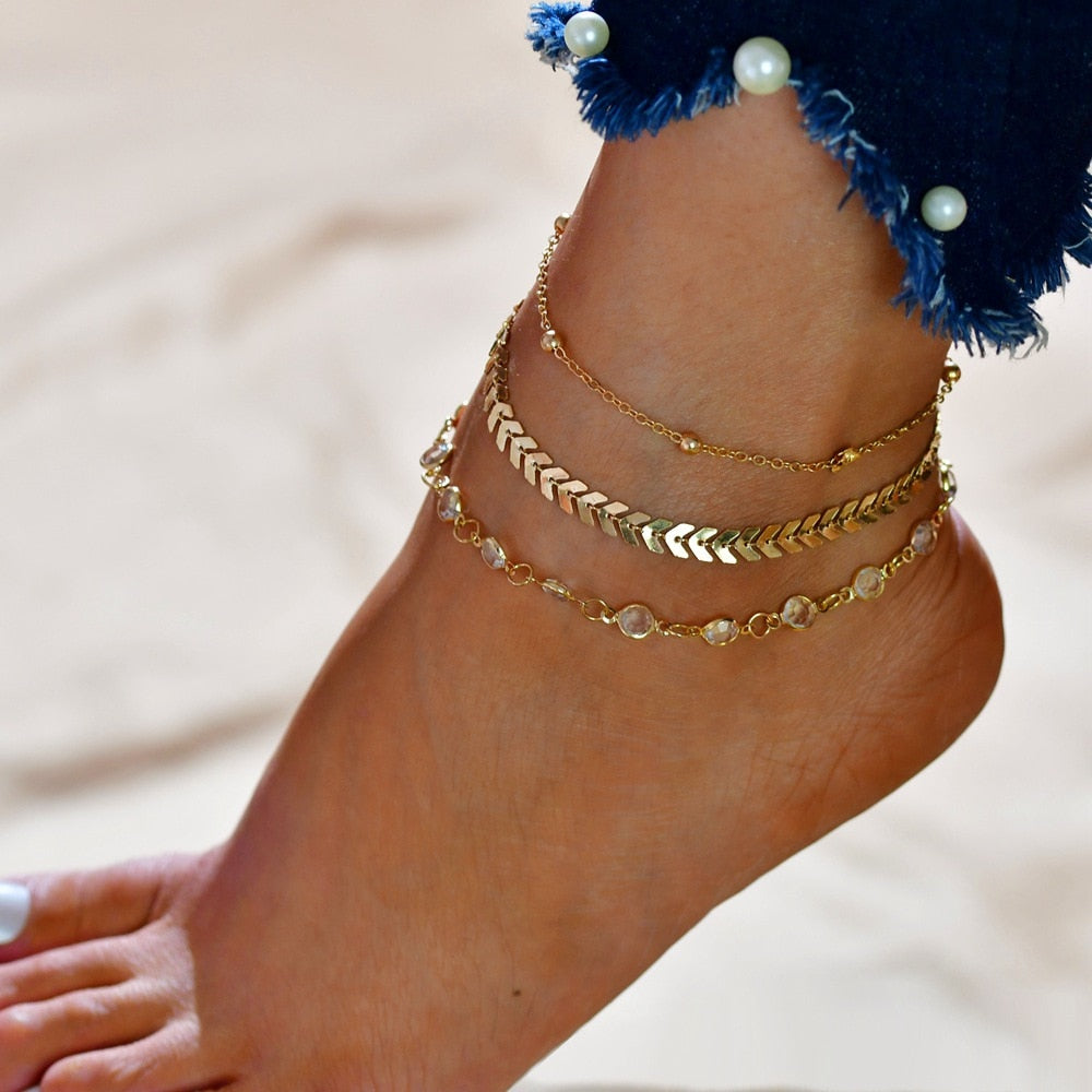 LETAPI 3pcs/set Gold Chain Anklets Women Beach Foot Jewelry - Quid Mart