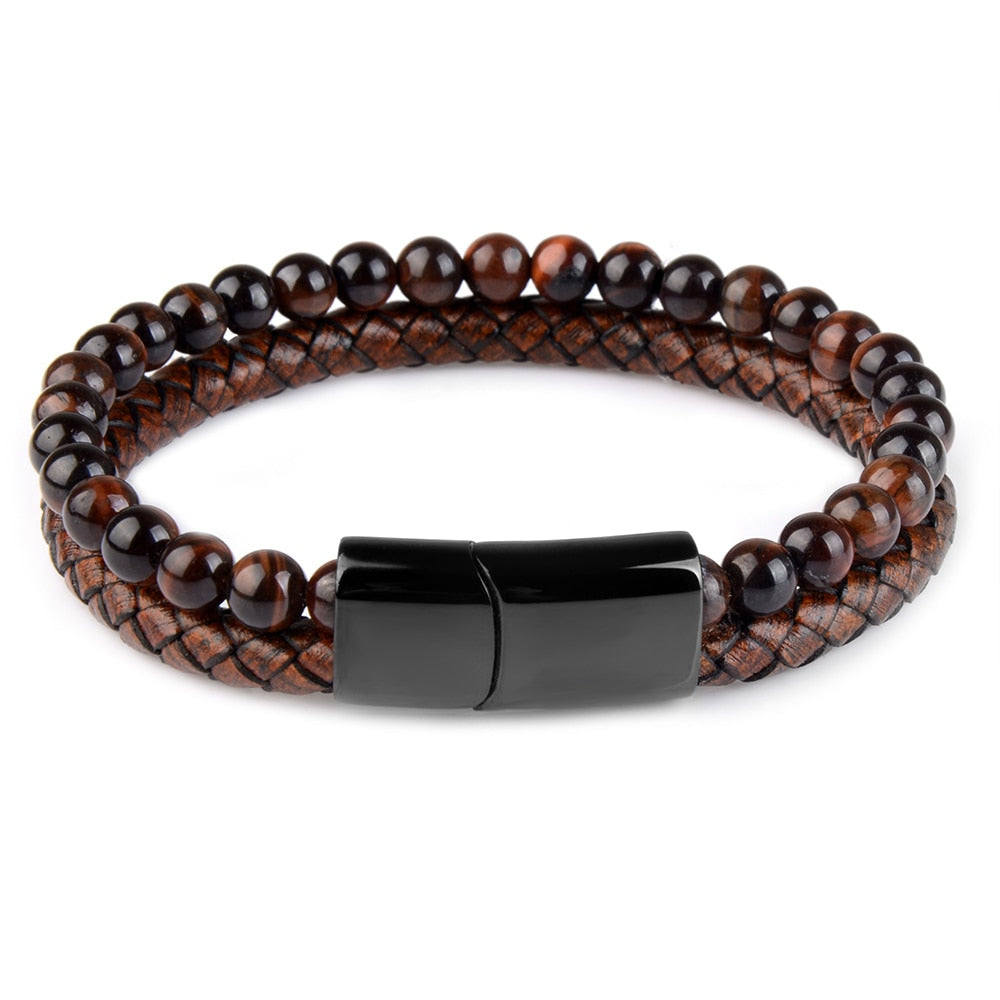 Natural Stone Bracelets Genuine Leather Braided Bracelets Black Stainless Steel Magnetic Clasp Tiger eye Bead Bangle Men Jewelry - Quid Mart