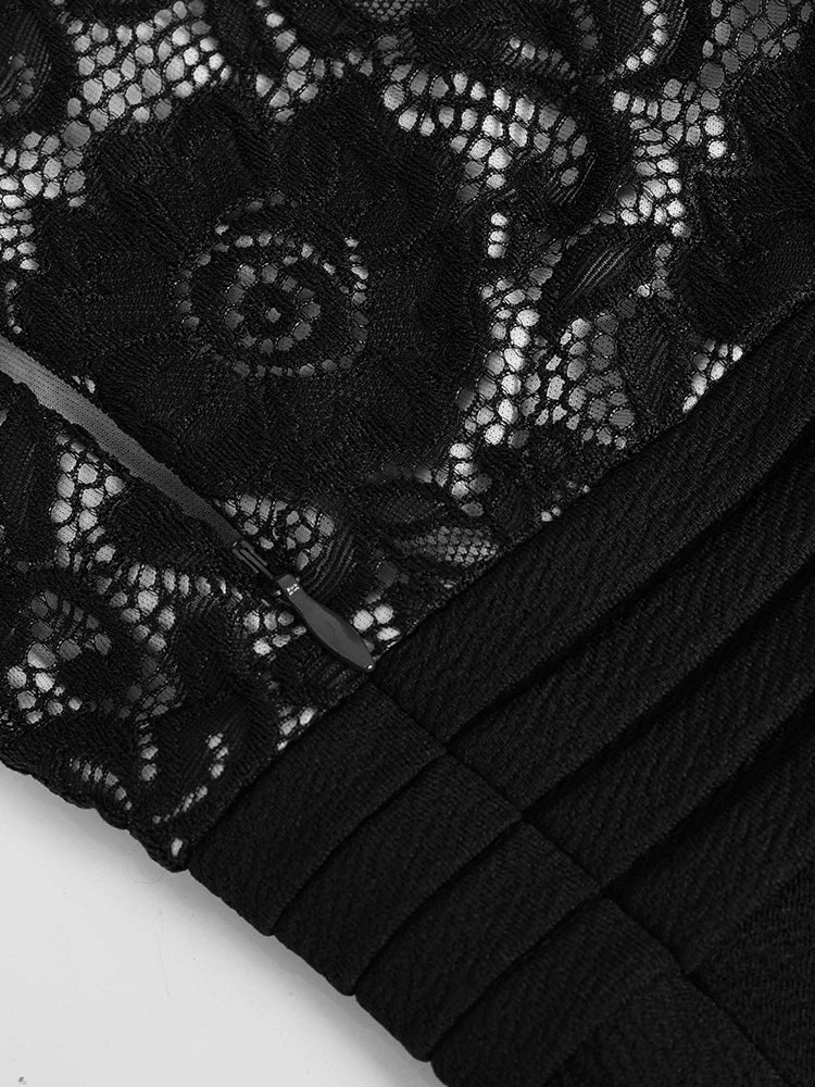 Nice-forever Vintage Black Flower Elegant Lace Ruffle Sleeve A-Line Pinup Business Women Flare Dress
