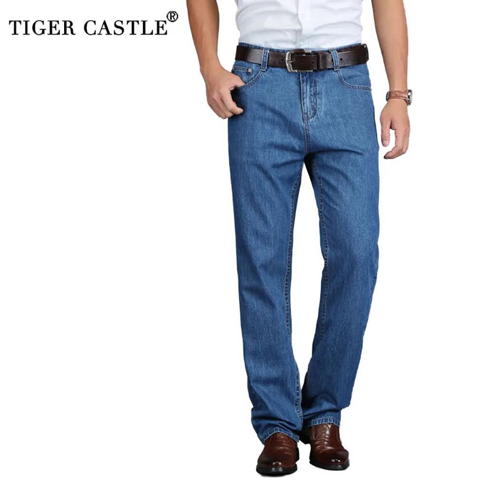 TIGER CASTLE 100% Cotton Summer Men Classic Blue Jeans Straight Long Denim Pants Middle-aged Male Quality Lightweight Jeans