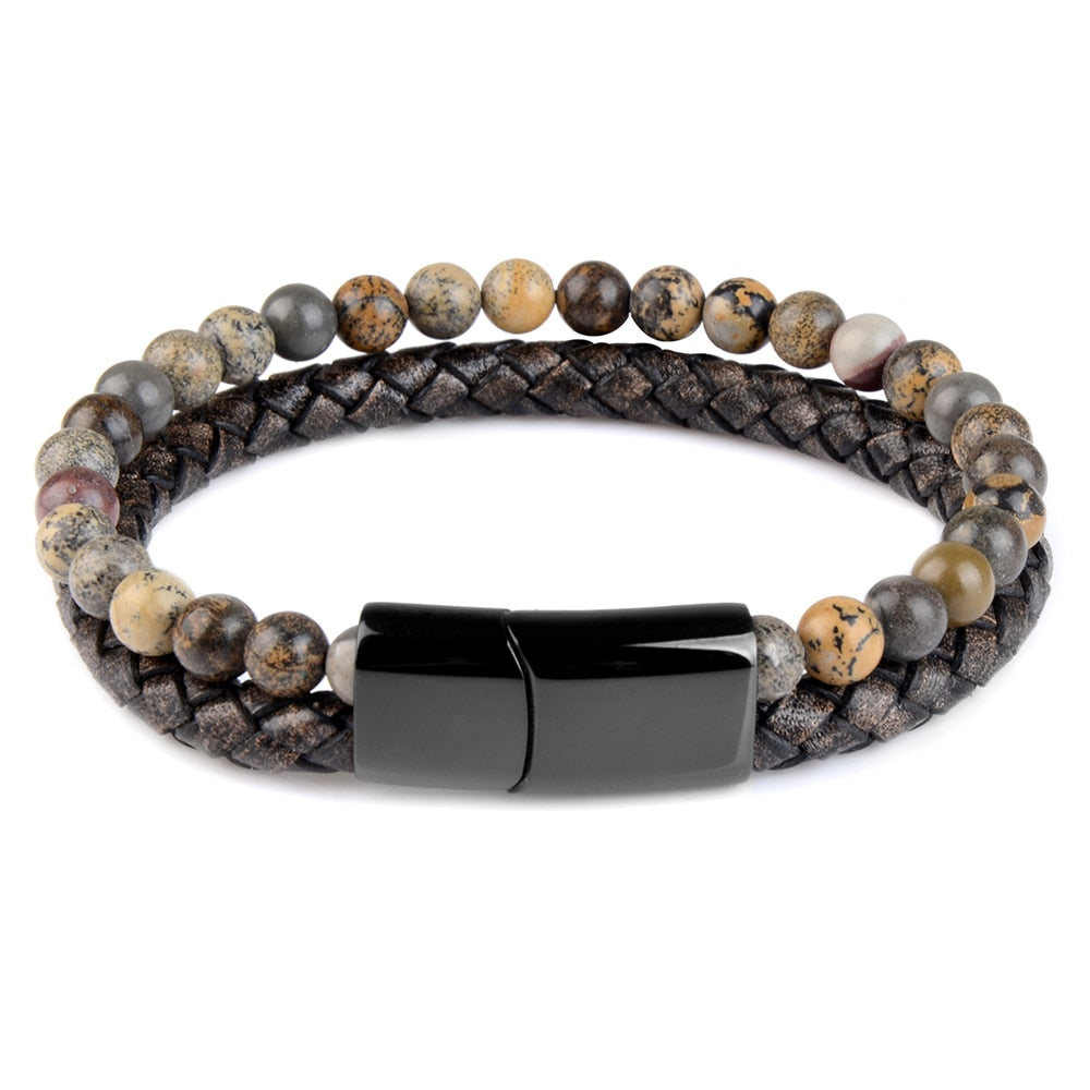 Natural Stone Bracelets Genuine Leather Braided Bracelets Black Stainless Steel Magnetic Clasp Tiger eye Bead Bangle Men Jewelry - Quid Mart