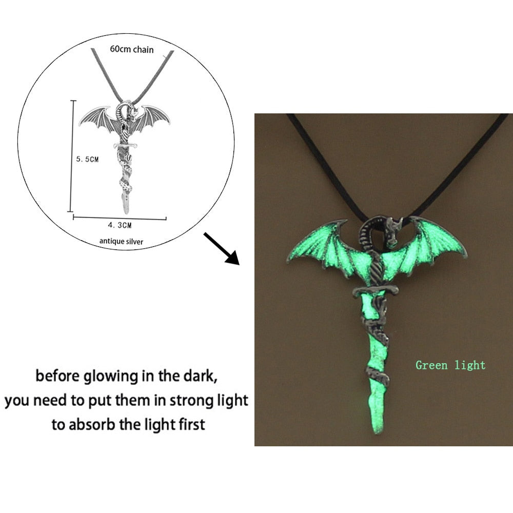 Luminous Dragon Necklace Glowing Night Fluorescence Antique Silver Plated Glow In The Dark Necklace for Men Women Party Hallowen - Quid Mart