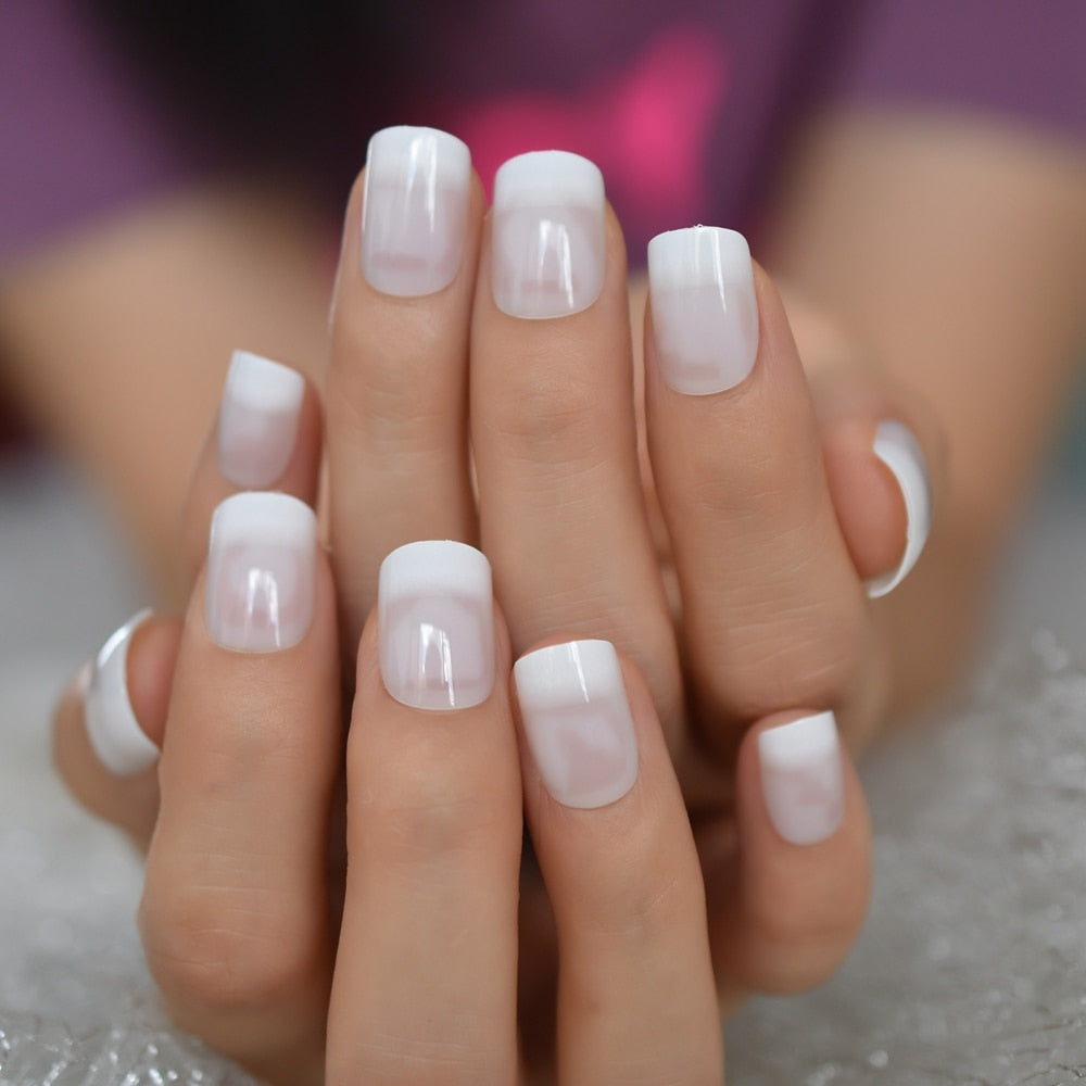 Salon Acrylic Press On Nails French Nails Short Length Ombre Round French Tips Glitter Pattern White Thin False Nail Art - Quid Mart