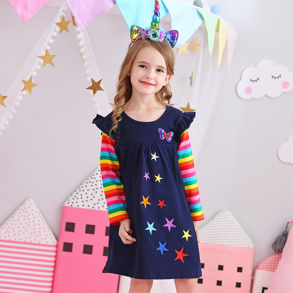 DXTON Kids Cotton Long Sleeve Winter Dresses for 2-8 Years Girls - Quid Mart