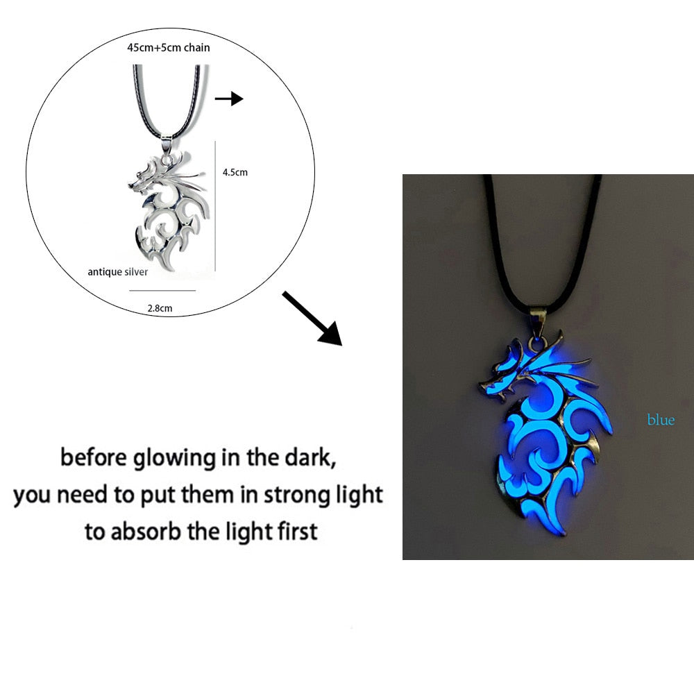 Luminous Dragon Necklace Glowing Night Fluorescence Antique Silver Plated Glow In The Dark Necklace for Men Women Party Hallowen - Quid Mart