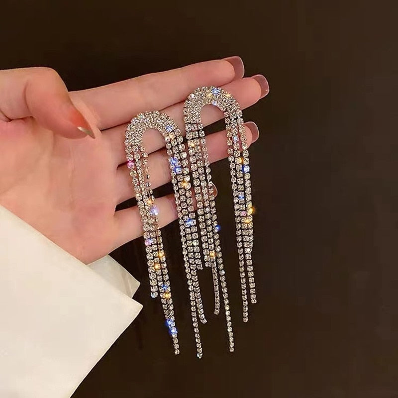 New Luxury Rhinestone Crystal Long Tassel Earrings for Women Bridal Drop Dangling Earrings Party Wedding Jewelry Gifts - Quid Mart