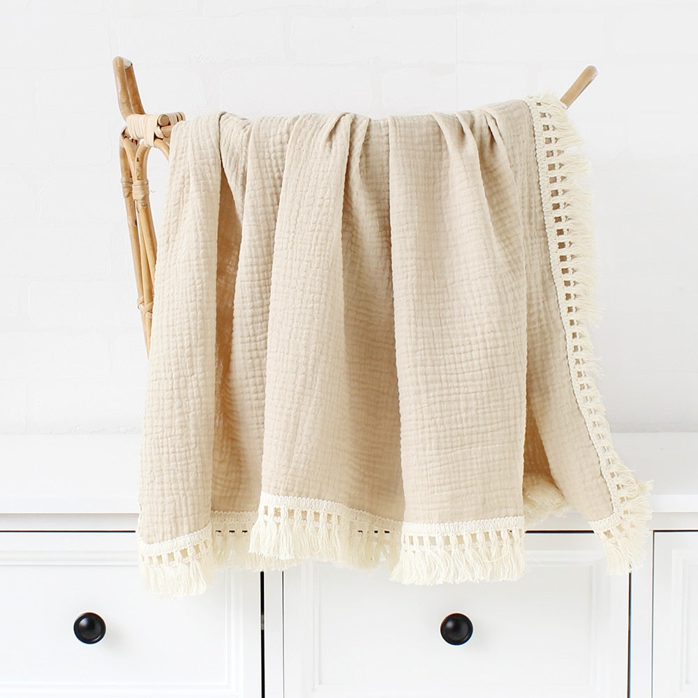 Muslin Cotton Baby Blanket: 2-Layer Newborn Tassel Swaddle - Quid Mart